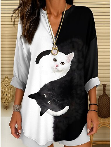  Túnica Feminina Blusa Decote V Manga Longa Boho Casual Tops de Verão Gráfico Animais Gato Vintage Tropical Tops Regulares Uso Diário Impressão Preto e Branco Amarelo Rosa Vermelho Azul