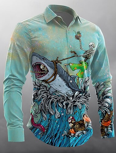  Pánské Lebky Žralok Halloweenské kostýmy Košile Košile na knoflíky Designová košile Dlouhý rukáv Temný gotický styl Dovolená Streetwear Léto Jaro Přehnutý 3D tisk košile s límečkem Žlutá Rubínov