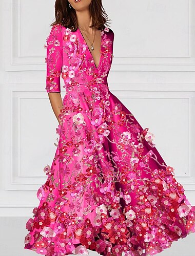  Abito da Cocktail A-Line Floral Elegante Abito Formale Matrimonio Lungo fino alla Caviglia Mezza Manica V Neck Abito Rosa Stretch Crepe con Ricamo e Tasca
