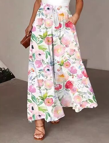  Per donna Gamba larga Pantaloni Eleganti Streetwear Casual Lunghezza intera Naturale Fiore Tasca Stampato Design con Coulisse Elastica Confortevole Ferie Abbigliamento quotidiano Weekend Nero Rosa