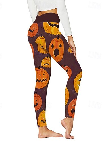  女性用 レギンス ストリートファッション カジュアル 全長 ナチュラルウエストPantsHalloween カボチャ 弾性ウエスト プリント 快適 アウトドア バケーション 祝日 ブラック 暗灰色 オレンジレッド アプリコット 秋 レギュラー