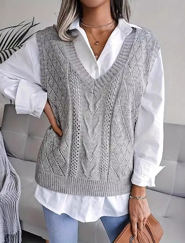  Per donna Gilet Casual Tinta unica Treccia Scollo a V Lavorato a maglia Senza Maniche Top Regolari Maglia All'aperto Ferie Uscire Grigio chiaro Autunno