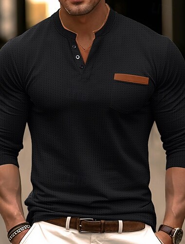  Per uomo Maglietta Waffle Maglia Henley a nido d'ape Camicie da uomo con toppe sui gomiti Manica Lunga Tinta unica Moda Essenziale Casual Finto due pezzi Scollo a V Casuale Streetwear Sportivo
