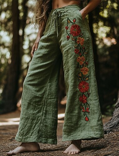  Damen Weites Bein Hosen Hose Palazzo-Hose Mode Boho Volle Länge Hohe Taille Blume Elastischer Bund Kordelzug Druck Atmungsaktivität Bequem Straße Alltagskleidung Ausgehen Armeegrün Frühling Herbst