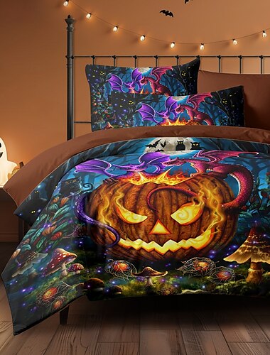  Halloween-påslakanset "The Glowing Pumpkin" av Sarah Richter, 3-delat överkastset med dragkedja, mjukt och lätt, dekoration till sovrummet