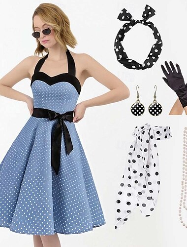 Vestido vintage inspirado em uma linha, vestido de balanço, conjunto de acessórios, vestido flare, fantasia feminina, vintage, cosplay, data, festa, 1950&amp; lenço de seda em linha para festival