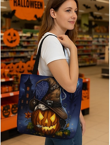  Sac fourre-tout pour femme imprimé citrouille et chat d'Halloween par Sarah Richter – grand sac à bandoulière réutilisable en polyester avec poche zippée pour les achats et les fêtes de fin d'année