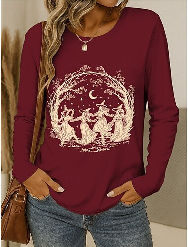 Halloween Women's T Shirt Graphic Witch Vintage Stylish Classic Long Sleeve Crew Neck Round Neck Regular Tops Daily Weekend Print Black Wine Blue Purple Green Spring Fall