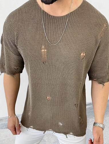  Herr Pullover tröja Stickad tröja Ribbad Sticka Vanliga toppar Stickat Hål Slät Rund hals Mode Grundläggande Semester Dagliga kläder Kläder Sommar Svart Vit M L XL