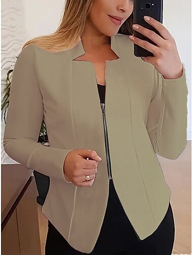  Women's Blazer Comfortable Breathable Zipper Fashion Modern Plain Work Daily Regular Stand Collar Regular Fit Long Sleeve Outerwear Black White Light Green Spring Fall