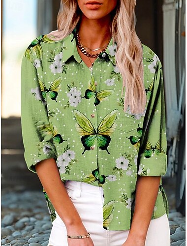  Per donna Camicia Floreale Farfalla Attivo Quotidiano Elegante Manica Lunga Colletto a Camicia Top Regolari Quotidiano Ferie Bottoni Stampato Verde Estate Primavera Autunno