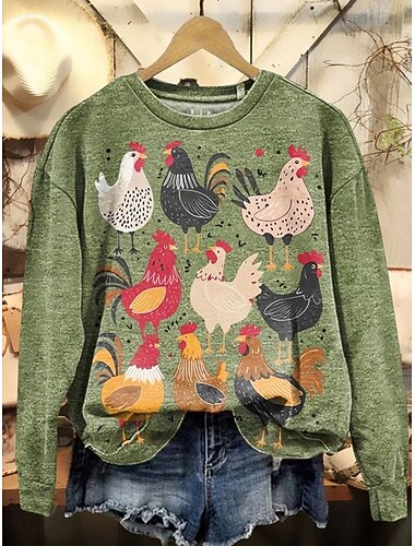  女性用 スウェットシャツ グラフィック 動物 カジュアル 長袖 クルーネック レギュラートップス ストリート 日常着 プリント グリーン グレー 秋 冬