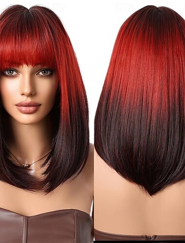  schwarz-rote Bob-Perücken mit Pony, kurzer Bob, rot-schwarze Perücken für schwarze Frauen, 16 Zoll Kunsthaarperücke, Cosplay-Perücken, Halloween-Cosplay-Partyperücken