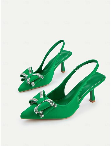  Escarpins verts à bride arrière pour femmes avec nœud en strass - escarpins élégants à bout pointu pour les rassemblements quotidiens, les fêtes et les occasions formelles