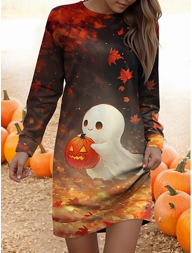  Halloween Damen Minikleid Shiftkleid Lässig Täglich Normale Passform Grafik Langarm Rundhalsausschnitt Schwarz Blau Orange Grün Frühling Herbst Winter