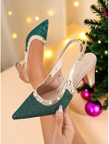  Groene glitter slingback hoge hakken voor dames met gouden band en pareldetails - stijlvolle feestschoenen voor het nachtleven en clubbing