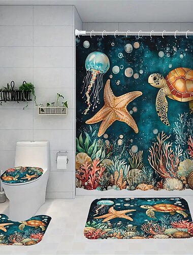  مجموعة ستائر دش من سلسلة Ocean Beach Starfish قنديل البحر بنمط فني مزخرف ستائر حمام منزلية ديكور مقعد المرحاض ستارة دش مع سجادة وغطاء مرحاض 12 70.8 × 70.8 بوصة