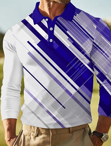  Herr Abstrakt Geometrisk Polo Långärmad Polotröjor Kavajslag Business Casual Utomhus Fritids- Dagliga kläder 3D-utskrift Knappar Vår Höst Vinter Blå Grön Mörkblå