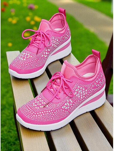  Sneakers da donna con zeppa Flyknit rosa con dettagli in strass – scarpe sportive leggere e traspiranti per abbigliamento casual e passeggiate