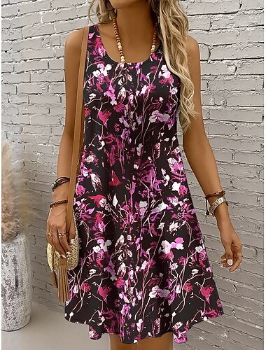 Mujer Mini vestido Vestido de verano Vestido de una línea Vacaciones Casual Ajuste regular Floral Graphic Abstracto Sin Mangas Escote en U Camiseta con cuello redondo En blanco y negro Rojo Azul