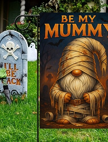  Halloween haveflagbanner – "vær min mumie" indpakket mumie med gravsten, dobbeltsidet vejrbestandigt haveflag til Halloween-ferien 2025 udendørs græsplæne, verandadekoration