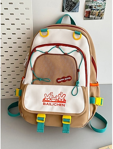  Mochila de viagem grande para adolescentes com alça de carrinho – bordado de coelhinho fofo, bolsa escolar com vários bolsos para alunos do ensino fundamental e médio