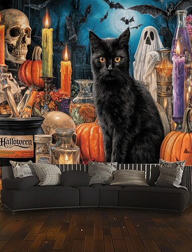  Tapestry Suspendat Halloween Pisica Neagră Fundal Fotografii Jack O Lantern Artă de Perete Tapestry Mare Decor Mural Cămașă Cortină Decor pentru Dormitor Living