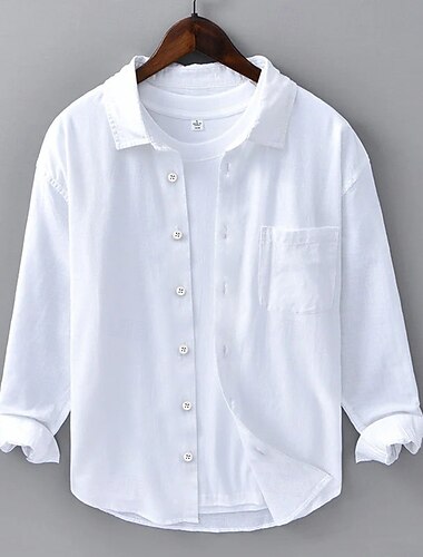  Herren Hemd Leinenhemd Sommerhemd Strandhemd Knopfhemd Einfach Outdoor Straße Weiß Blau Grün Langarm Umlegekragen Sommer Frühling Bekleidung Tasche