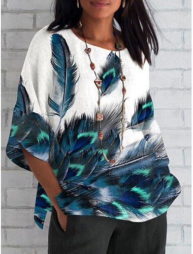  Mulheres Camisa Social Pena Diário Casual Manga 3/4 Gola Redonda Tops regulares Diário Feriado Imprimir Branco Rosa Azul Verão Primavera Outono