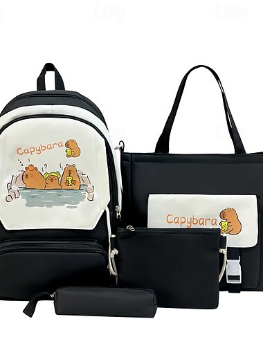  Set di 4 zaini neri per il ritorno a scuola per ragazze – zaino scolastico con cartone animato capibara con borsa, astuccio e pochette – grazioso e resistente kit per studenti