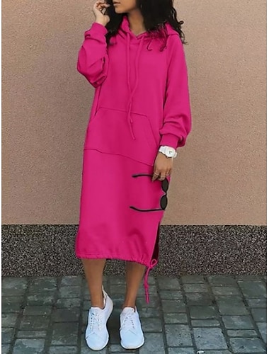  Women's Midi Dress Shift Dress Casual Outdoor Weekend Regular Fit Solid Color Long Sleeve Hoodie Black Pink Blue Fuchsia Spring Fall Winter