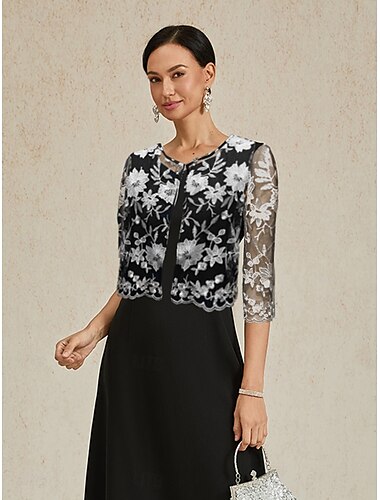  Mulheres Blazer Leve Renda Bordado Elegante Floral Formal Curto Crewneck Normal Manga 3/4 agasalhos Preto Verão Primavera