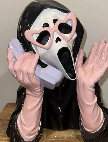  ピンクの叫び顔の幽霊の置物、ハロウィーン樹脂製の恐ろしい光る像、自宅やオフィスのデスクトップの装飾用
