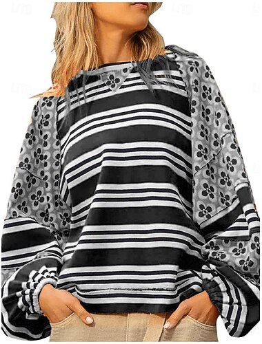  Women's Pullover Sweatshirt Geometric Striped Casual Long Sleeve Crew Neck Regular Tops Street Dailywear Print Black Light Green Red Orange Fall Winter