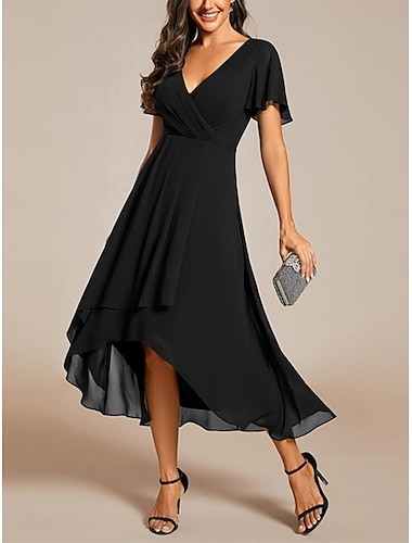  Pentru femei Rochii Midi Rochie de Cocktail Rochie pentru invitata de nunta Șifon Elegant Modă Modern În aer liber Petrecere cu cocktail Fit regulat Simplu Manșon scurt În V Negru Vară Primăvară