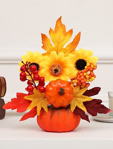  halloweeni őszi asztali dísz aratási fesztivál dekoráció mű juharlevelekkel, napraforgókkal és tökkel díszített asztali díszek őszi témájú dekoratív kellékek otthonra, irodába és partira