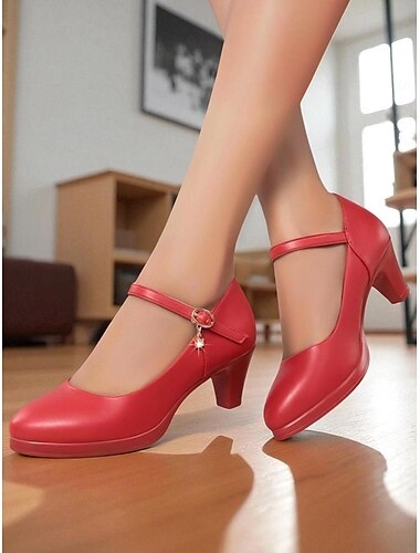  Sapatos Mary Jane vermelhos de salto médio para mulheres – sapatos sociais clássicos de bico redondo com tira no tornozelo e pingente para mulheres, ideais para o escritório, igreja ou eventos semiformais