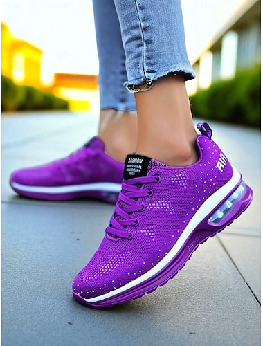  Baskets Flyknit Air Cushion violettes pour femmes – Chaussures de course respirantes pour le sport, le fitness, les voyages et le confort au quotidien