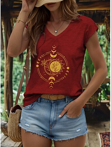  dames tanktop met camisole, grafisch, geometrisch, maan, vintage, stijlvol, casual, mouwloos, v-hals, normale tops, dagelijks, print, zwart, wit, rood, lichtbruin, blauw, zomer