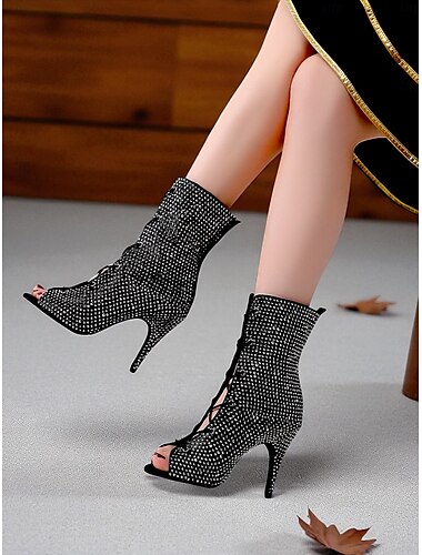  Women's Rhinestone Peep Toe Dance Booties - Sparkly Lace-Up Short Heeled Boots for Latin Ballroom and Stage Performance