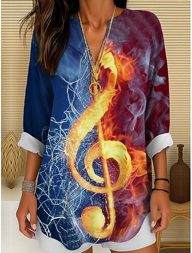  Music Festival Women's Blouse Long Sleeve Tunic Ombre Graphic Geometric Elegant Vintage Tropical Long Sleeve V Neck Regular Tops Daily Holiday Print White Red Rainbow Summer Spring
