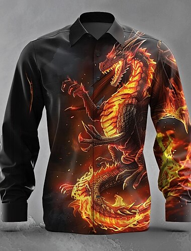  Herren Tiermotiv Drache Flamme Hemd Knopfhemd Langarm Dunkler Gothic-Stil Ferien Streetwear Sommer Frühling Umlegekragen 3D-Druck Hemden mit Kragen Purpur Orange Grün