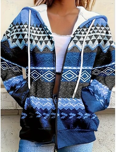  Per donna Taglia grande Felpe con cappuccio Geometrico A righe Attivo Vintage Sport Manica Lunga Con Cappuccio Top Regolari Casuale Ferie Con zip Cerniera Coulisse Blu Marrone Primavera Autunno