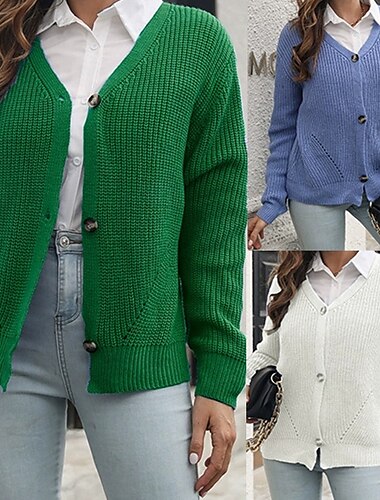  女性用 ニット カーディガン ファッション ストリートファッション 日常 純色 リブ Ｖネック ニット 長袖 レギュラートップス ニット 祝日 お出かけ 週末 ホワイト ブルー 秋 冬