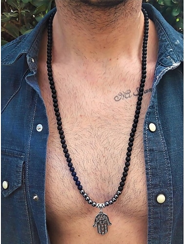  שרשרת חרוזים שחורה לגברים עם תליון חמסה כסוף - תכשיטים בסגנון בוהו רוחני לגברים, אידיאליים ללבוש יומיומי, פסטיבלים או הענקת מתנות
