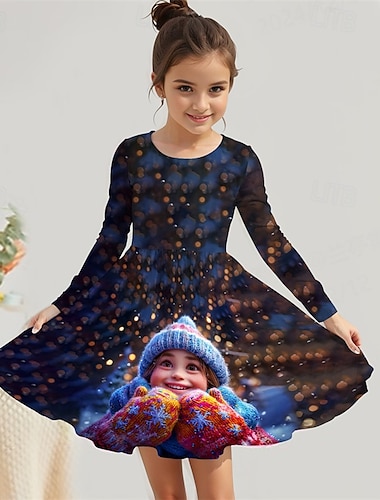  Girls ' 3D Graphic Vestido Manga Larga Verano Primavera Vacaciones Diario Festivos Princesa Hermosa Dulce Niños 4-12 años Vestido informal Vestido de una línea Hasta la Rodilla Ajuste regular