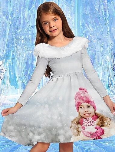  Mädchen' 3D Schneeflocke Kleid Langarm Herbst Winter Urlaub Täglich Ferien Schön Süß Kinder 4-12 Jahre Partykleid A Linie Kleid Knielang Normale Passform