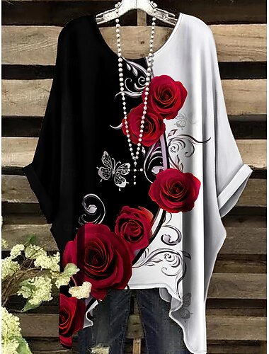  Per donna Blusa Floreale Grafico Elegante Vintage Quotidiano Mezza Manica Manica a pipistrello Girocollo Top Regolari Quotidiano Ferie Abbigliamento da vacanza Nero Rosa Rosso Viola Estate Primavera