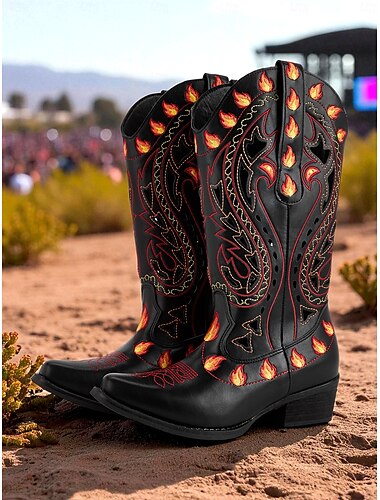  Svarta flammbroderade westerncowboystövlar för kvinnor - retro knähöga festivalstövlar med låg klack för musikfestivaler, halloweenkostymer och cosplay