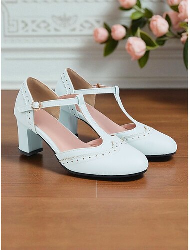 Sapatos de salto alto femininos rosa com tiras em T - scarpins retrô de salto médio com detalhes brogue e fivela ajustável para chás da tarde, uso diário e looks inspirados nos anos 1950